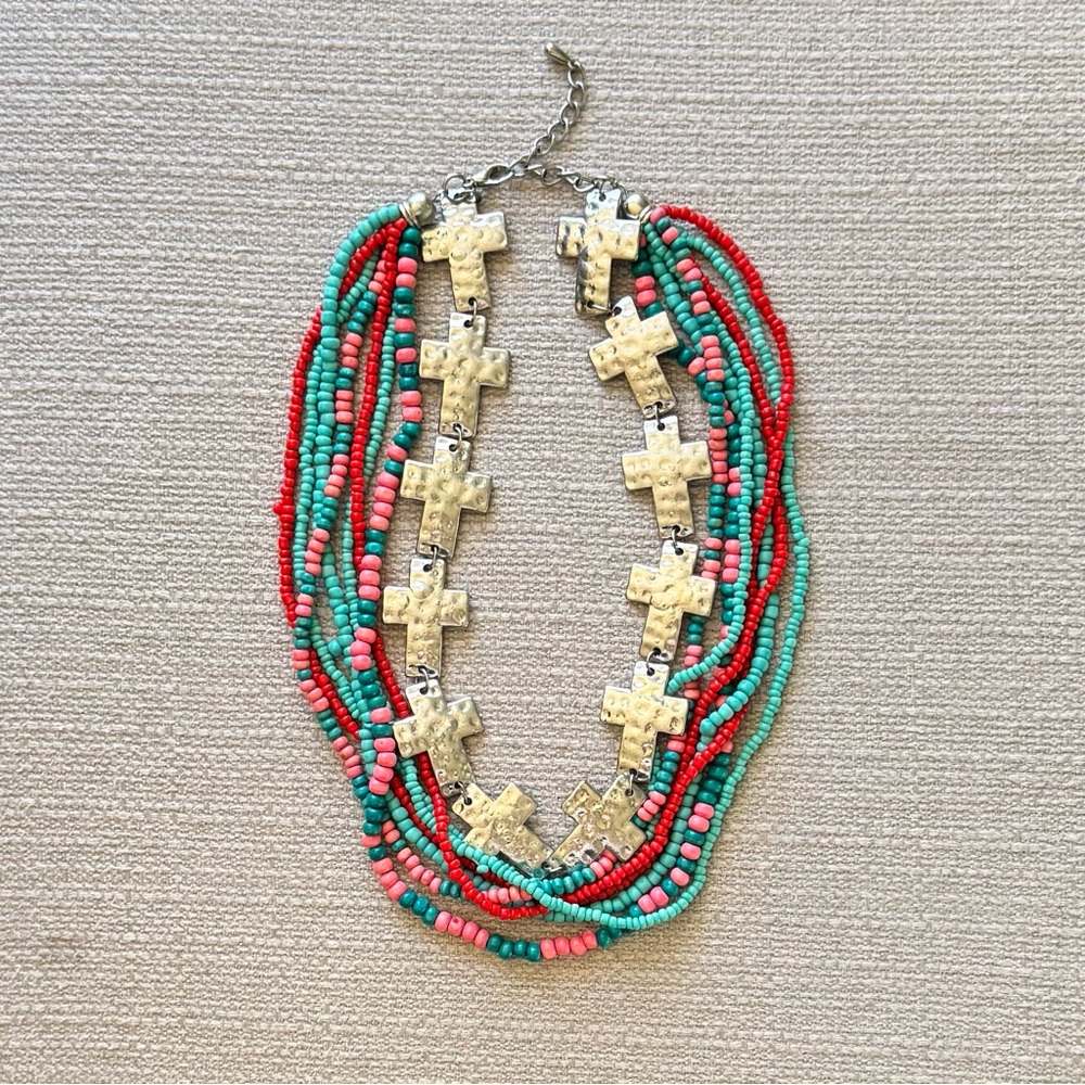 Fun Colorful Multi Strand Beaded Necklace Silver Cross Turquoise Coral Red BoHo